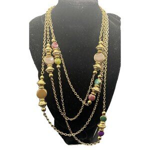 Etruscan Style Station Necklace Multicolor Enamel Textured Gold Tone 2 Strand